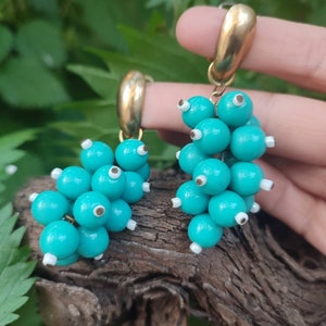 Vintage cluster earrings for pierced ears Dangle drop cluster earrings Turquoise grape earrings Timeless elegance looks Handmade beaded Vtg image 1