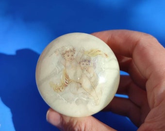 Vintage 1980s Italian Alabaster Pill box Genuine Alabaster hand carved pill box Jewelry box Round box Trinket box Angels drawing Retro Vtg