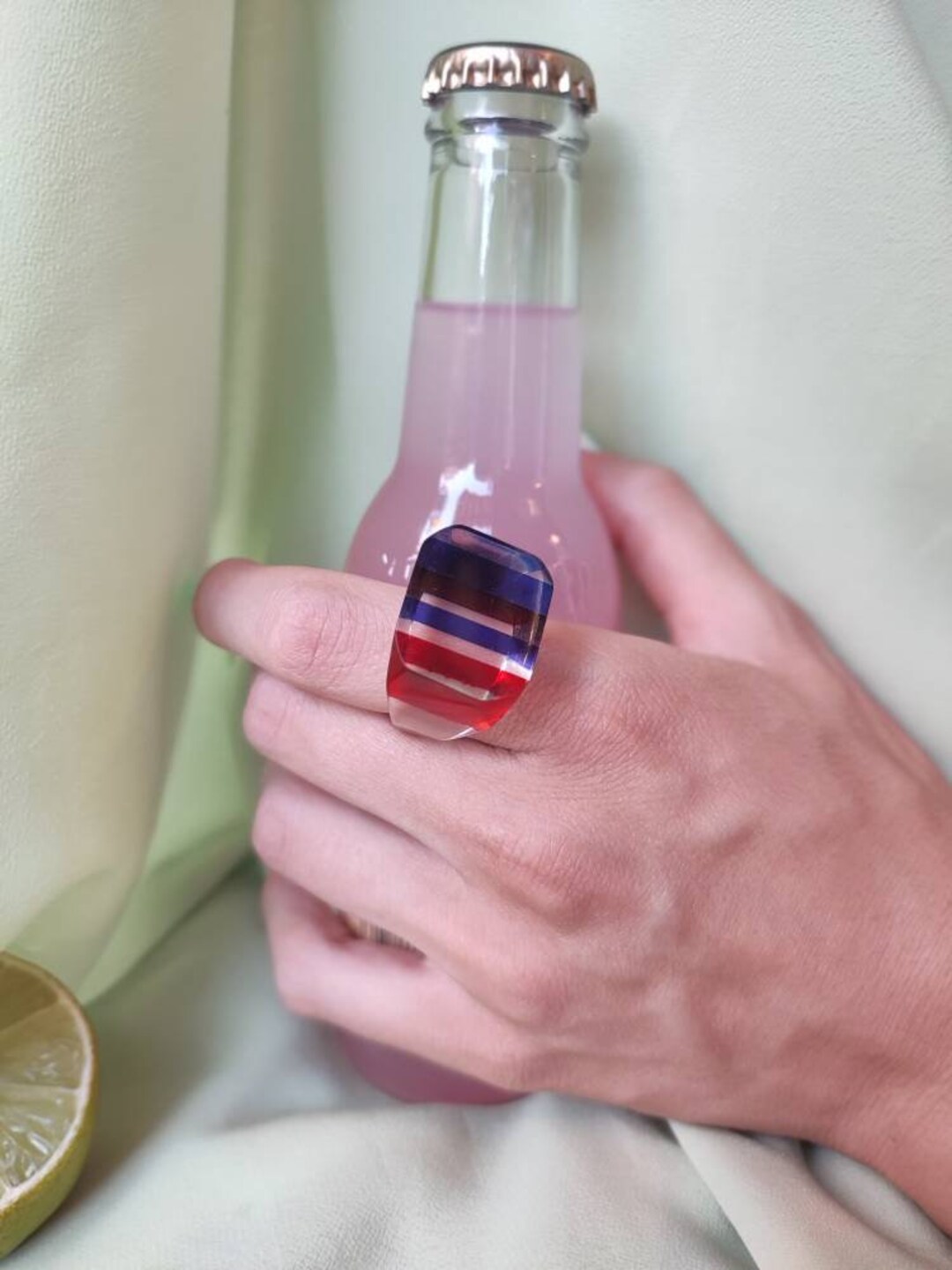 Vintage Lucite Striped Ring Plastic Rainbow Crystal Clear Ring Chunky