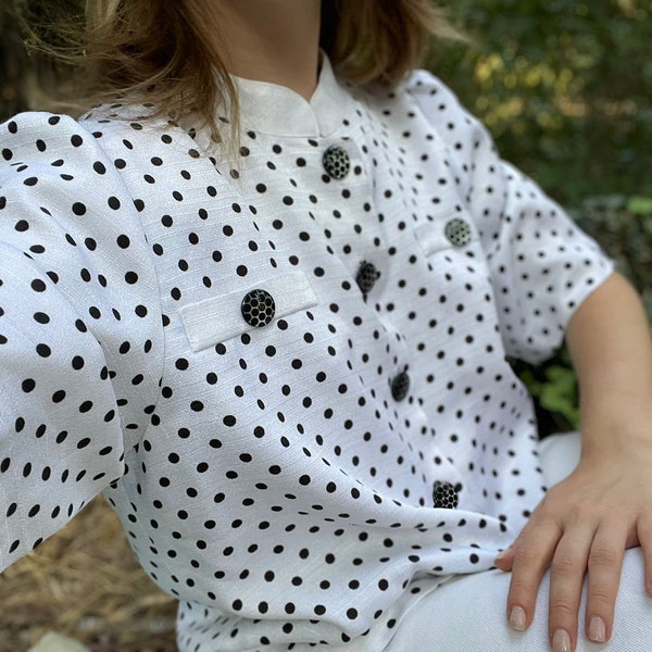 Blazer d'été à pois rétro des années 80 Taille M - L US lettre pour femme Vêtements décontractés rétro Seconde main Mode féminine Blazer à manches courtes vintage