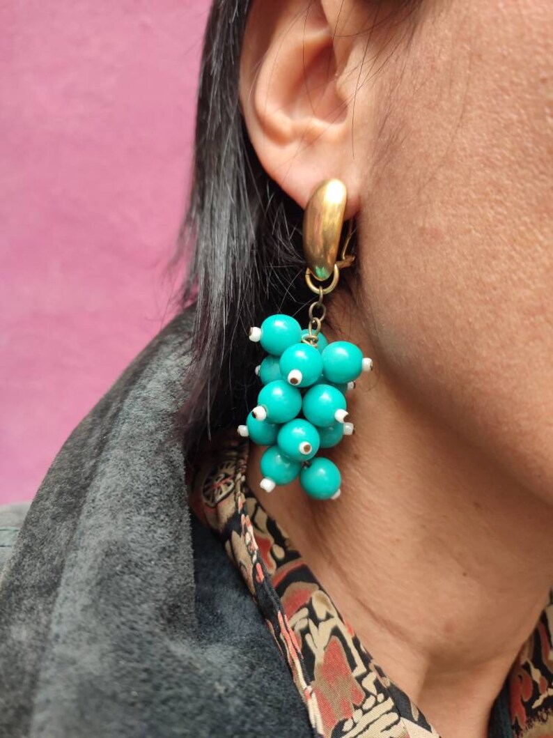 Vintage cluster earrings for pierced ears Dangle drop cluster earrings Turquoise grape earrings Timeless elegance looks Handmade beaded Vtg image 4