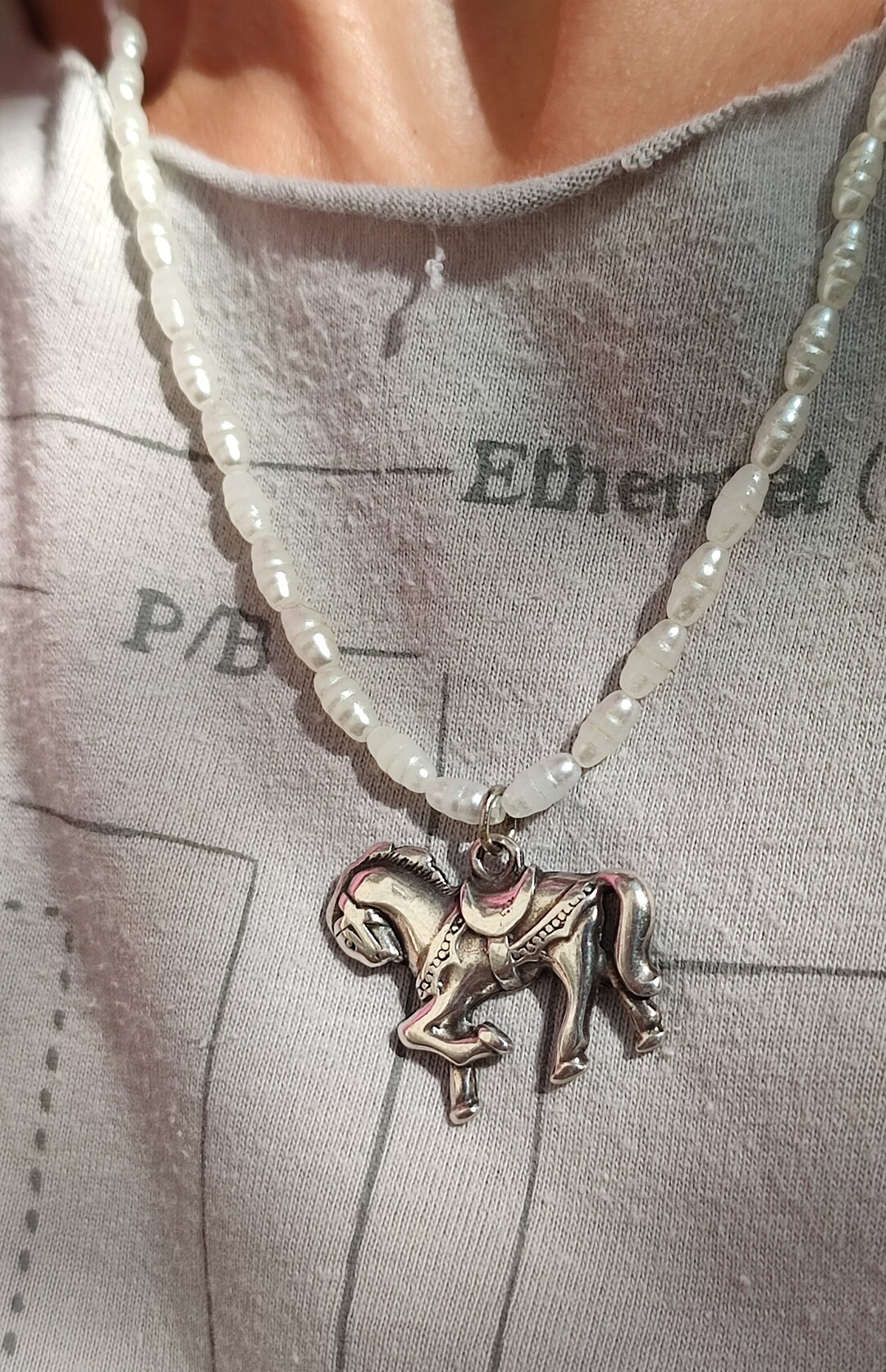 Vintage Pearl Necklace With Horse Charm Carousel Circus Horse Charm