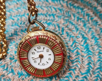 Vtg Lucerne non working pendant watch with chain Pocket watch chain necklace Long chain necklace Swiss made timeless charm necklace Red