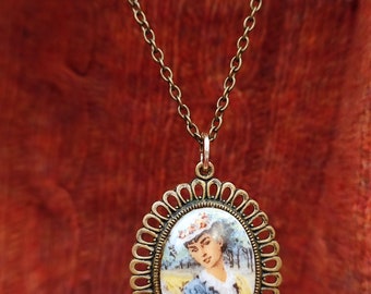 Antique portrait miniature pendant brooch Brass chain necklace Romantic style jewelry for her Victorian style necklace Portrait brooch pin