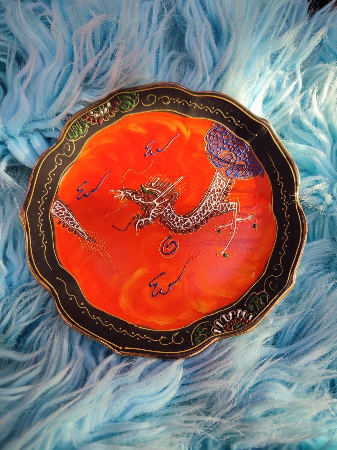 Vintage Tajimi Japanese Wall Plate Dragon Moriage Wall Decor Burned