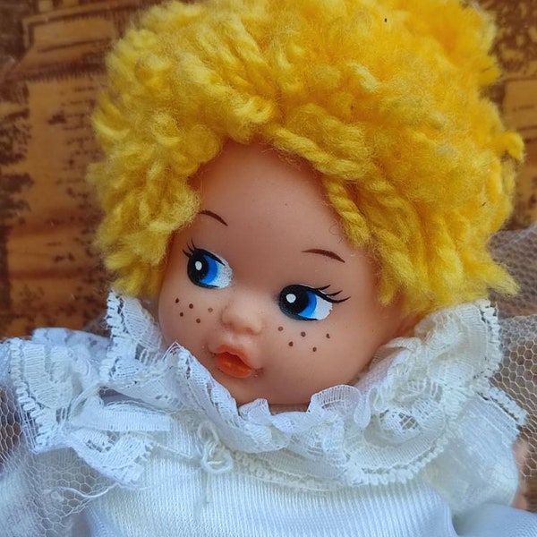 Vintage stuffed doll Angel doll Blond curly hair doll Boy angel doll Rubber face doll Big eyes doll Collectible toys Boy figure doll Retro