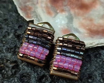 Vtg handmade beaded clip on earrings Earrings for every day wear Rectangle earrings Art Deco style jewelry Bohemian style earrings Retro