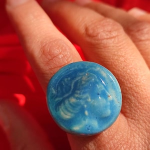 Vintage ancient Greek style ring Light blue coin ring Women&#39;s portrait handmade ring Ancient Greek mythology jewelry Muse ring Ancient Art