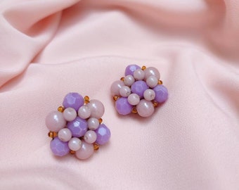 Vintage funky cluster earrings Summer jewelry Summer time earrings Clip on earrings Faux bijoux Beaded earrings Purple colour earrings Retro