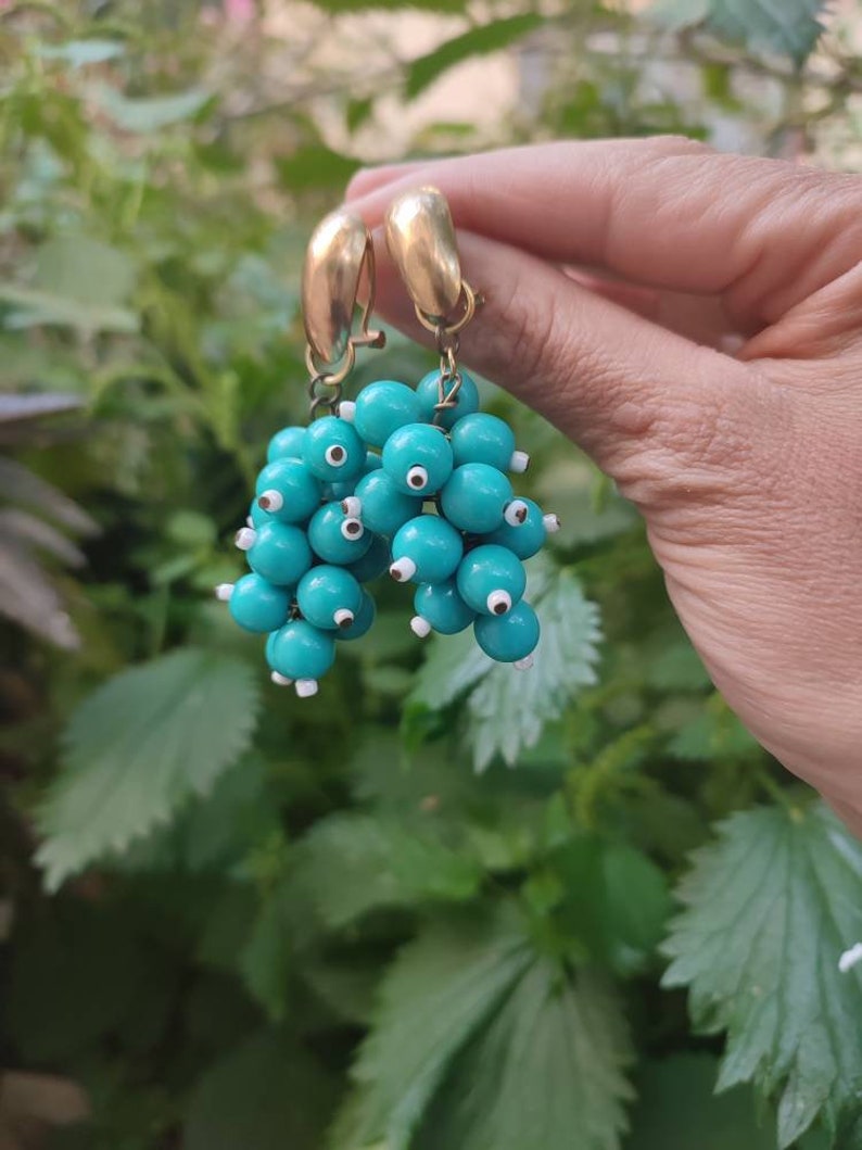 Vintage cluster earrings for pierced ears Dangle drop cluster earrings Turquoise grape earrings Timeless elegance looks Handmade beaded Vtg image 10