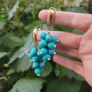 Vintage cluster earrings for pierced ears Dangle drop cluster earrings Turquoise grape earrings Timeless elegance looks Handmade beaded Vtg image 9