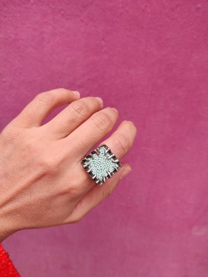 Vintage handmade adjustable ring Modern square ring Bohemian style ring Granule ring Geometric ring A great gift for her Chunky ring Retro image 1