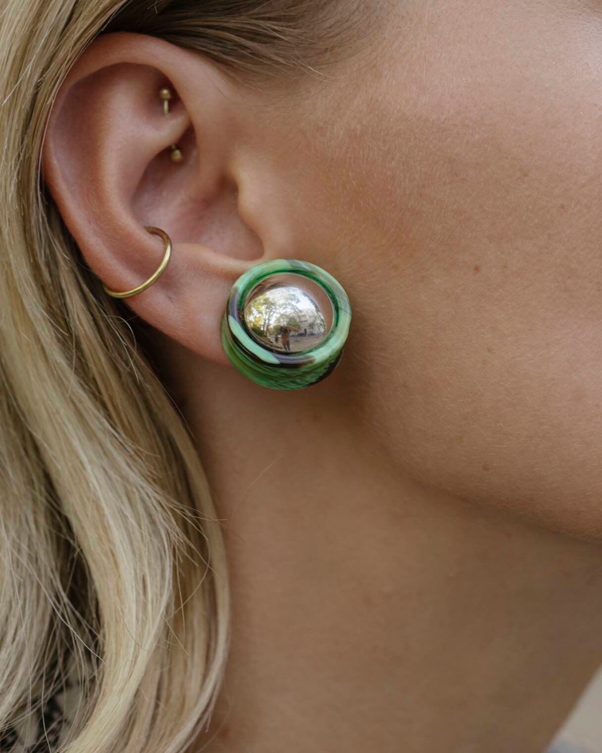 Retro Round Shape Mirror Earrings Clips Green Marble Earrings 