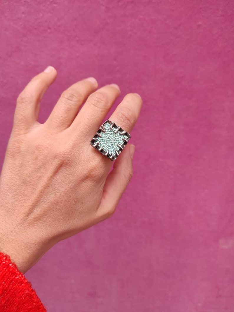 Vintage handmade adjustable ring Modern square ring Bohemian style ring Granule ring Geometric ring A great gift for her Chunky ring Retro image 2