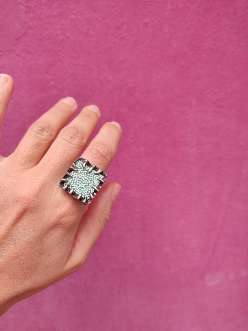 Vintage handmade adjustable ring Modern square ring Bohemian style ring Granule ring Geometric ring A great gift for her Chunky ring Retro image 10