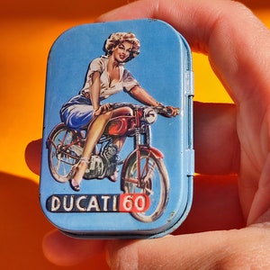 Vintage DUCATI 60 mint box Miniature tin box Nostalgic retro motorcycle Ducati Cucciolo Motorcycle Lovers accessories Ducati memorabilia image 7