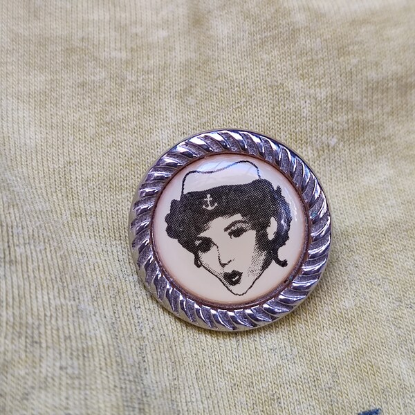 Vintage round shape pin brooch Pin up sailor brooch Beautiful girl with sailor hat pin brooch Antique collectible accessories Retro woman