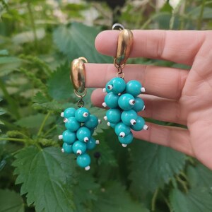 Vintage cluster earrings for pierced ears Dangle drop cluster earrings Turquoise grape earrings Timeless elegance looks Handmade beaded Vtg image 2