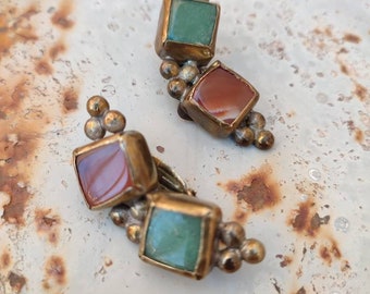 Handmade ancient design earrings Clip on earrings Gemstone earrings Bronze gemstone jewelry Gift for her Green stone earrings Brown stone