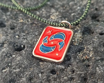 Vintage enamel Pisces Zodiac sign Horoscope card charm Astrology tarot card necklace Y2K fashion pendant Birthday gift ideas Tarot pendant