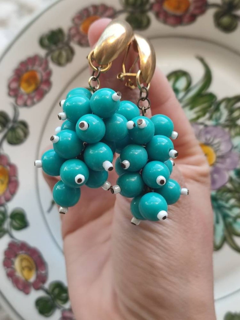 Vintage cluster earrings for pierced ears Dangle drop cluster earrings Turquoise grape earrings Timeless elegance looks Handmade beaded Vtg image 3