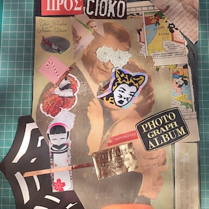 Originale collage di carta fatto a mano, collage analogico di estetica retrò di forma irregolare "Amami di più" Immagini vintage di libera associazione vtg
