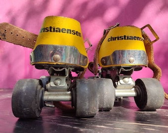 Vintage Christiaensen roller skates Yellow leather roller skates Retro fashion sports and outdoor recreation Four Wheel Roller Metal rollers