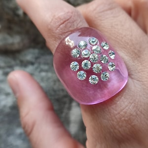 Vintage purple transparent plastic ring with rhinestones Y2K fashion ring Chunky ring Pink acrylic ring Funky ring 90&#39;s plastic big ring vtg