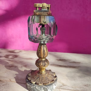 Vintage table lighter Mid century cigarette lighter Office retro decor Antique marble base lighter Made in Japan Crystal Brass heavy item