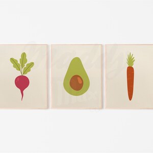Minimalistische digitale prints van groenten en fruit | JPG | Kunst aan de muur | Vruchten | Radijs | Avocado | Wortel | Klaslokaal | Docent | Keuken | Decor