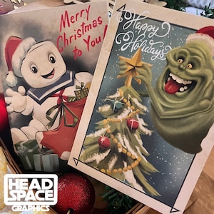 Ghostbusters Slimer and Stay Puft Marshmallow Man Inspired Vintage Style Christmas Card 2 Pack