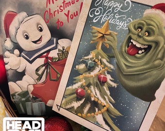 Ghostbusters Slimer and Stay Puft Marshmallow Man Inspired Vintage Style Christmas Card 2 Pack