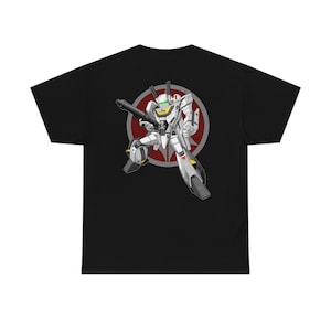 May include: Black t-shirt featuring a white and gray robot illustration with a red and gray circular background. The robot is holding a black weapon. The design is centered on the back of the shirt.
