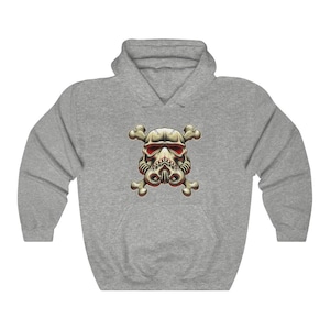 May include: A gray hooded sweatshirt with a white skull and crossbones design. The skull is wearing a helmet with red eyes and a black mouth.