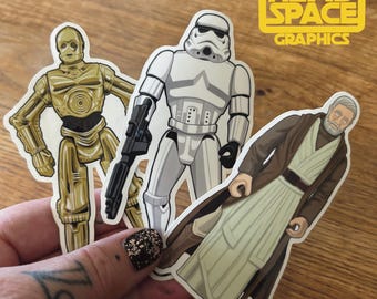 Star Wars Vintage 90s Obi Wan Stormtrooper and C3P0 Inspired Action Figure 3 Pack Vinyl Decals