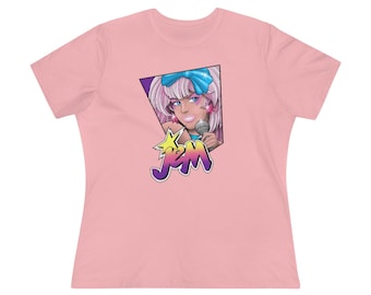 May include: Pink women's t-shirt with a graphic of Jem, a cartoon character with pink hair and a blue bow, singing into a microphone. The graphic includes the word "Jem" in a colorful, stylized font.