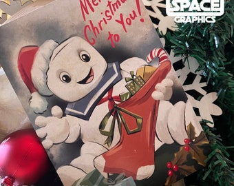 Ghostbusters Stay Puft Marshmallow Man Inspired Vintage Style Christmas Card