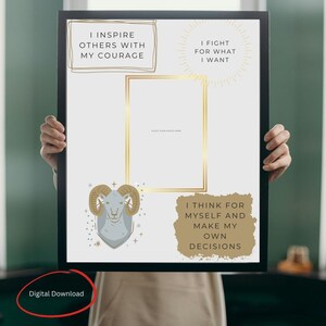 Op de afbeelding: Printbare digitale download van een motiverende poster met een ram-illustratie en inspirerende citaten. De citaten zijn: "Ik inspireer anderen met mijn moed", "Ik vecht voor wat ik wil", en "Ik denk voor mezelf en neem mijn eigen beslissingen".