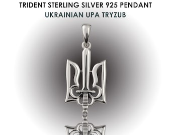 Ukrainian UPA Tryzub, Ukraine symbol Trident with Sword sterling silver 925 pendant, Ukraine jewelry, Ukrainian Trident pendant