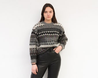 Vintage Women L Sweater Wool Jumper Sweatshirt Knitwear Christmas Grey Pattern Knit Pullover Striped 2v