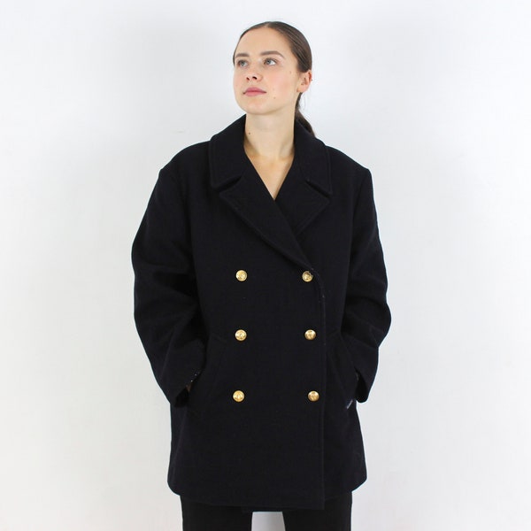 vintage LE GLAZIK Français femmes L laine caban bleu marine veste croisée fabriquée en France ancre boutons grand manteau hiver automne des années 80 30