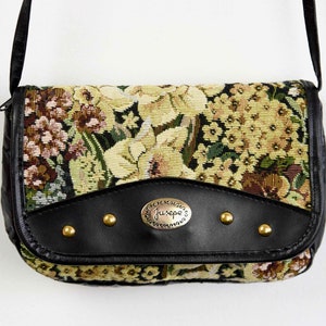 Vintage Blumen Gobelin Kunstleder kleine Umhängetasche Boho Geldbörse Crossbody Retro Blumen Pflanzen Blätter Hippie Sommer Frühling schwarz grün 2v
