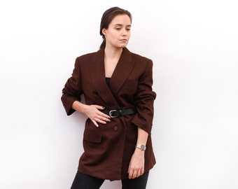 Vintage Women XL Brown Double Breasted Sport Suit Jacket Button Up Blazer Warm Coat Tweed Winter Autumn Work Office Formal 2v