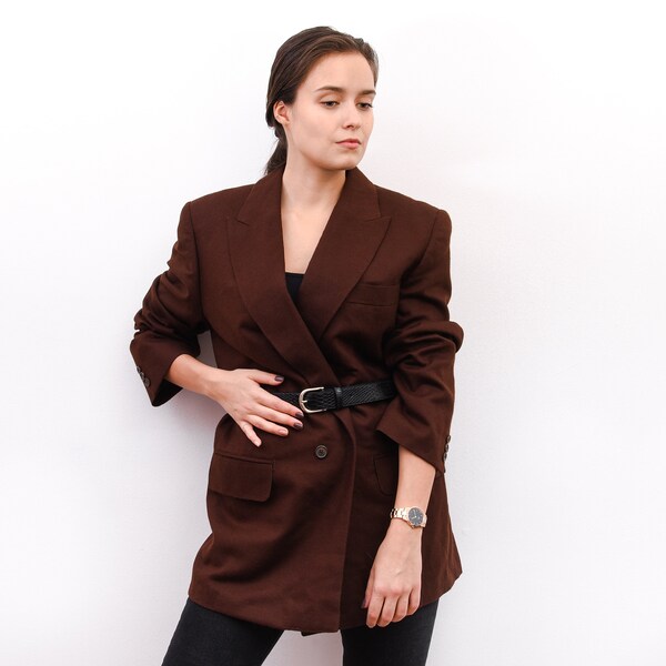 Vintage Women XL Brown Double Breasted Sport Suit Jacket Button Up Blazer Warm Coat Tweed Winter Autumn Work Office Formal 2v