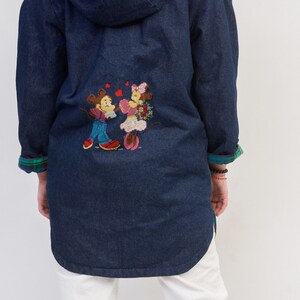 Vintage Women's Denim Coat Toggle Duffle Jacket Parka Embroidered Mouses Cute Lined image 7