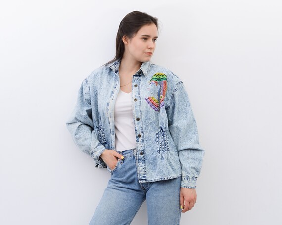 Vintage Women s L 90 s Acid Washed Denim Jacket Shirt Blazer
