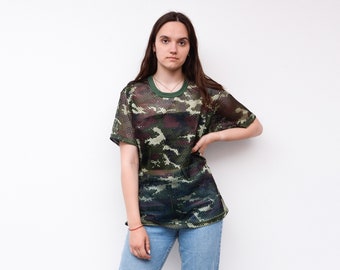 Vintage Women's M L Fishnet Sheer Transparent Military Army Print Top Tee VTG T shirt, see through camo camouflage surplus 2v