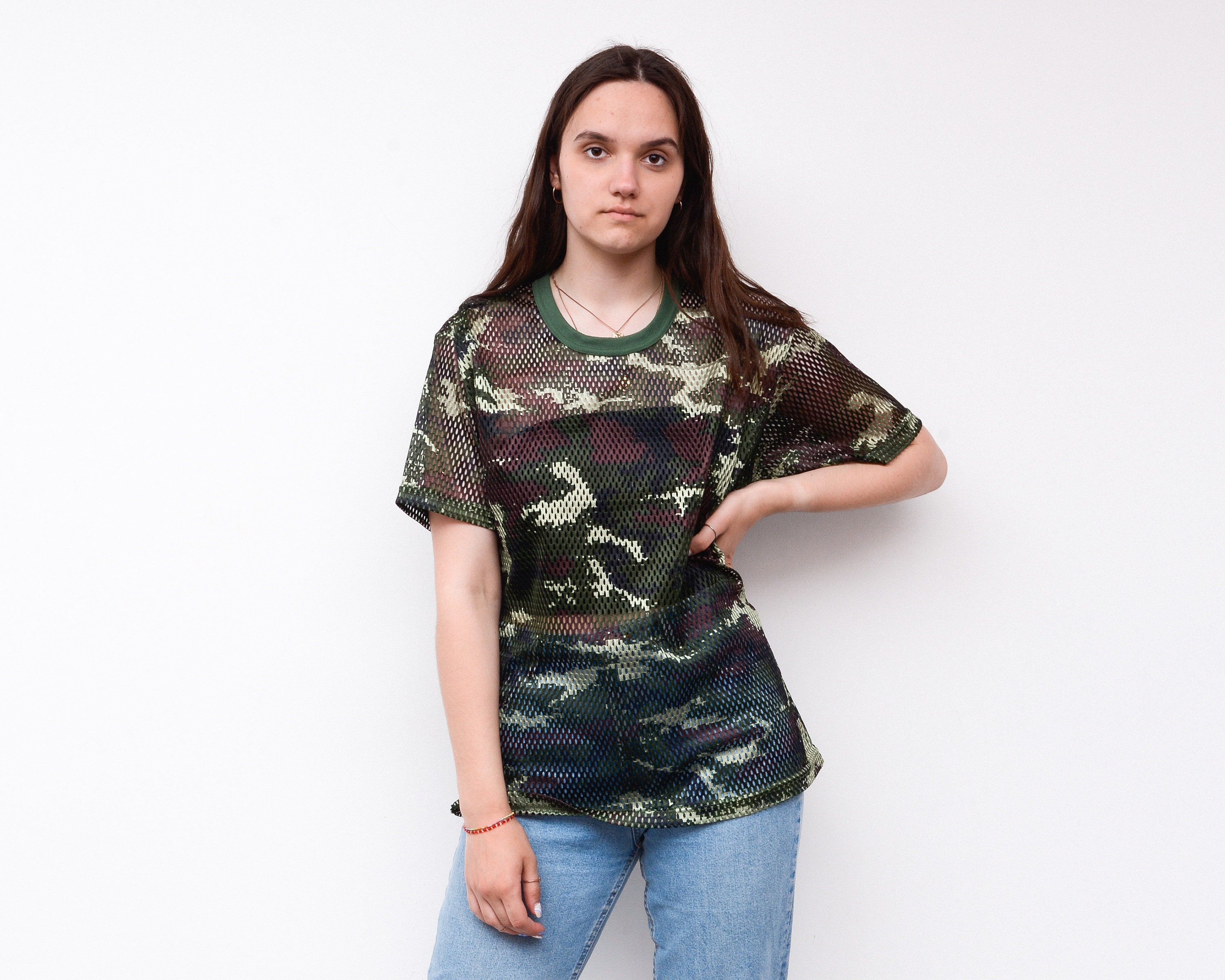 Camo Translucent Mesh Long Sleeve T-Shirt with Finger Crop Top