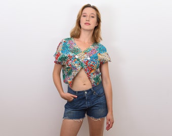 Vintage Women's M S 90's Tropical Cropped Crop Top Blouse Tee Button Up Short Sleeves Artsy Print, going out hawaii naked belly girls y2k 2v