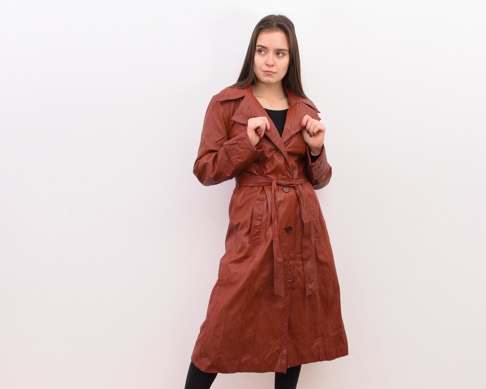 Burgundy trench vintage 80s coat red belted spring autumn women ML